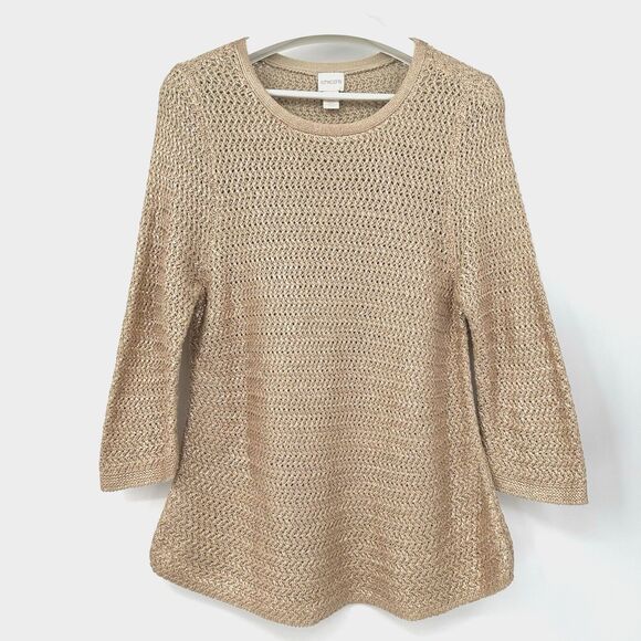 Chicos 2 Rose Gold Metallic Sweater Knit Womens L Old Money Elegant Summer Tunic - Picture 2 of 12